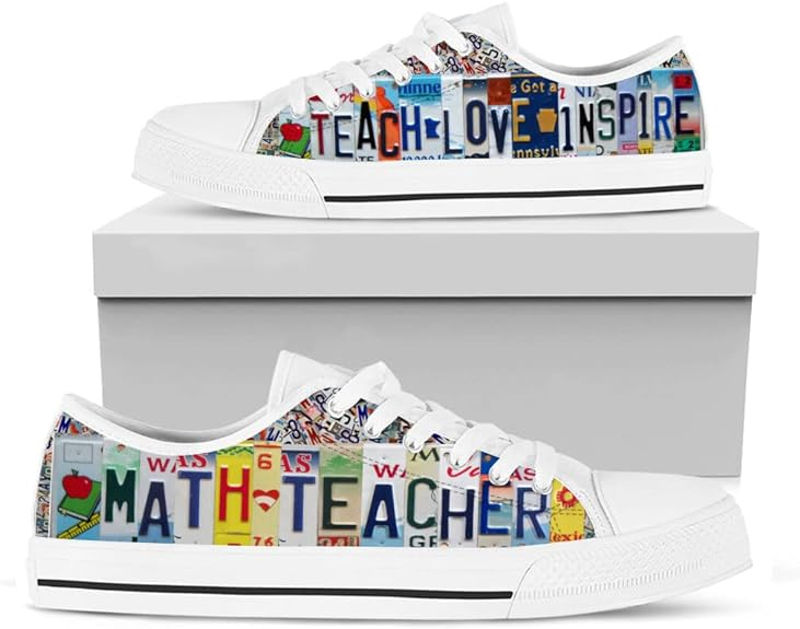 Math Teacher Teach Love Inspire Classic Fashion Low Top Canvas Sneakers for Women Men Unisex Walking Running Sport Shoes White, 5 Women/5 Men